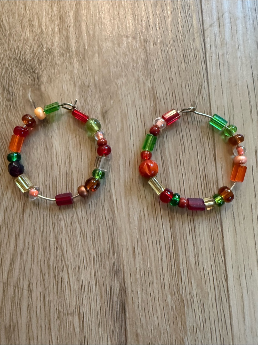 Handcrafted Multicolor Beaded Hoop Earrings - Vibrant Green & Red